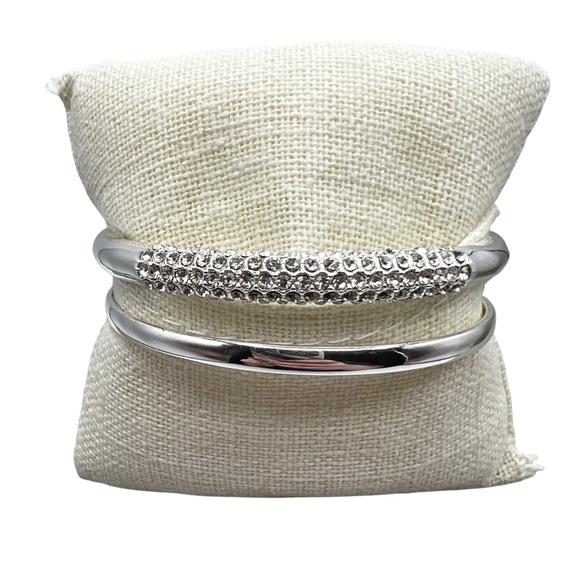 Silver Tone Pave Rhinestone & Solid Stacking Bangle Bracelets - Picture 1 of 10